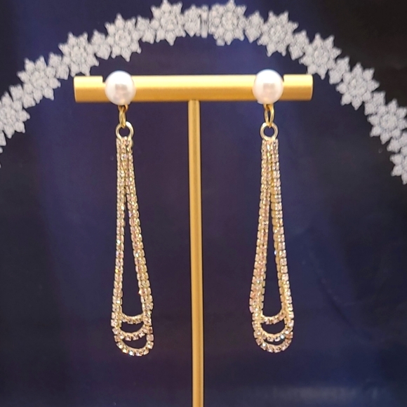 Vintage Glamourous Pearl Long Pave Set Crystal Water Drop Earrings - Picture 2 of 15